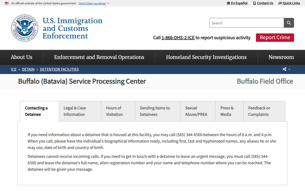 Official ICE page for Buffalo Batavia Service Processing Center